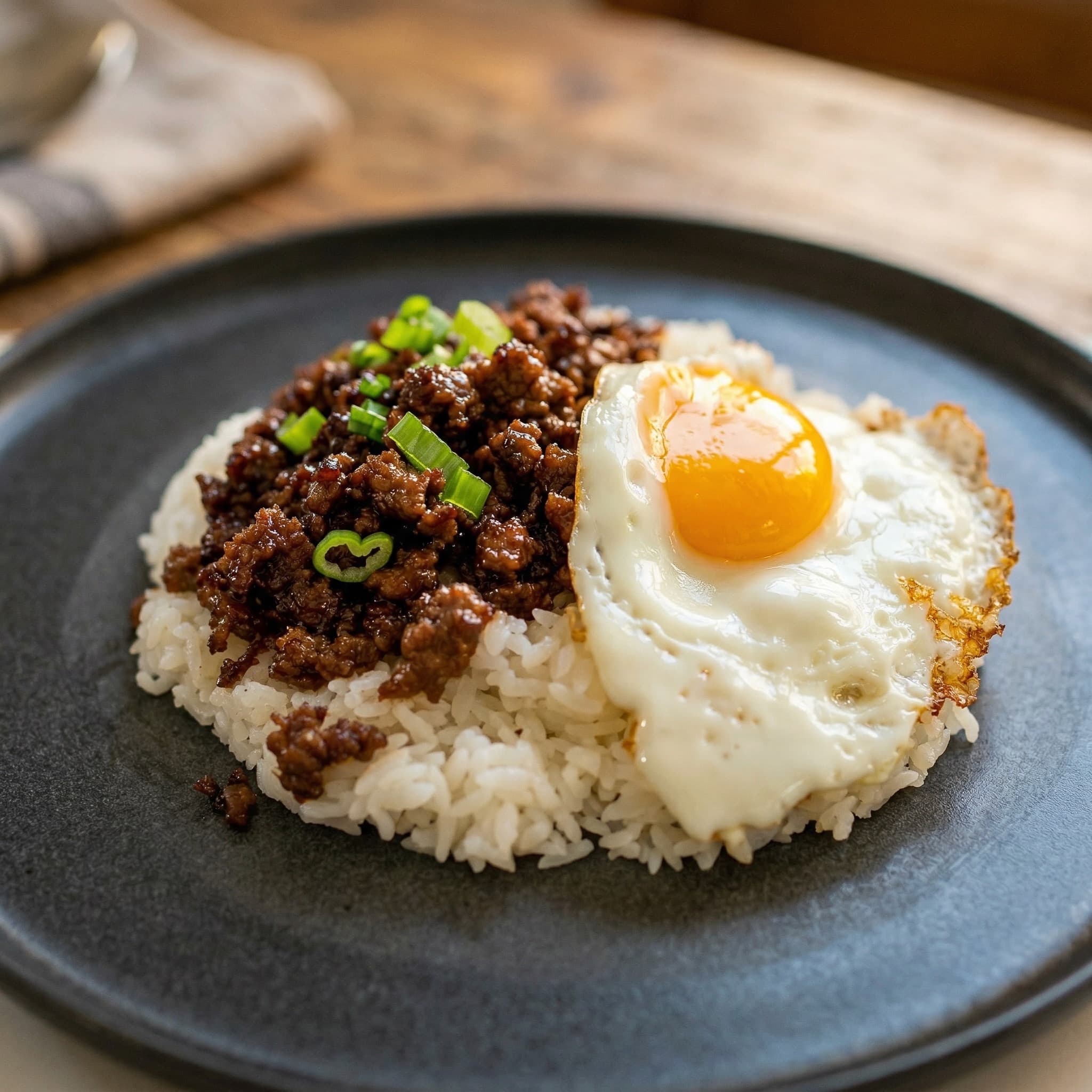 Bulgogi beef bowl with a fried egg over rice