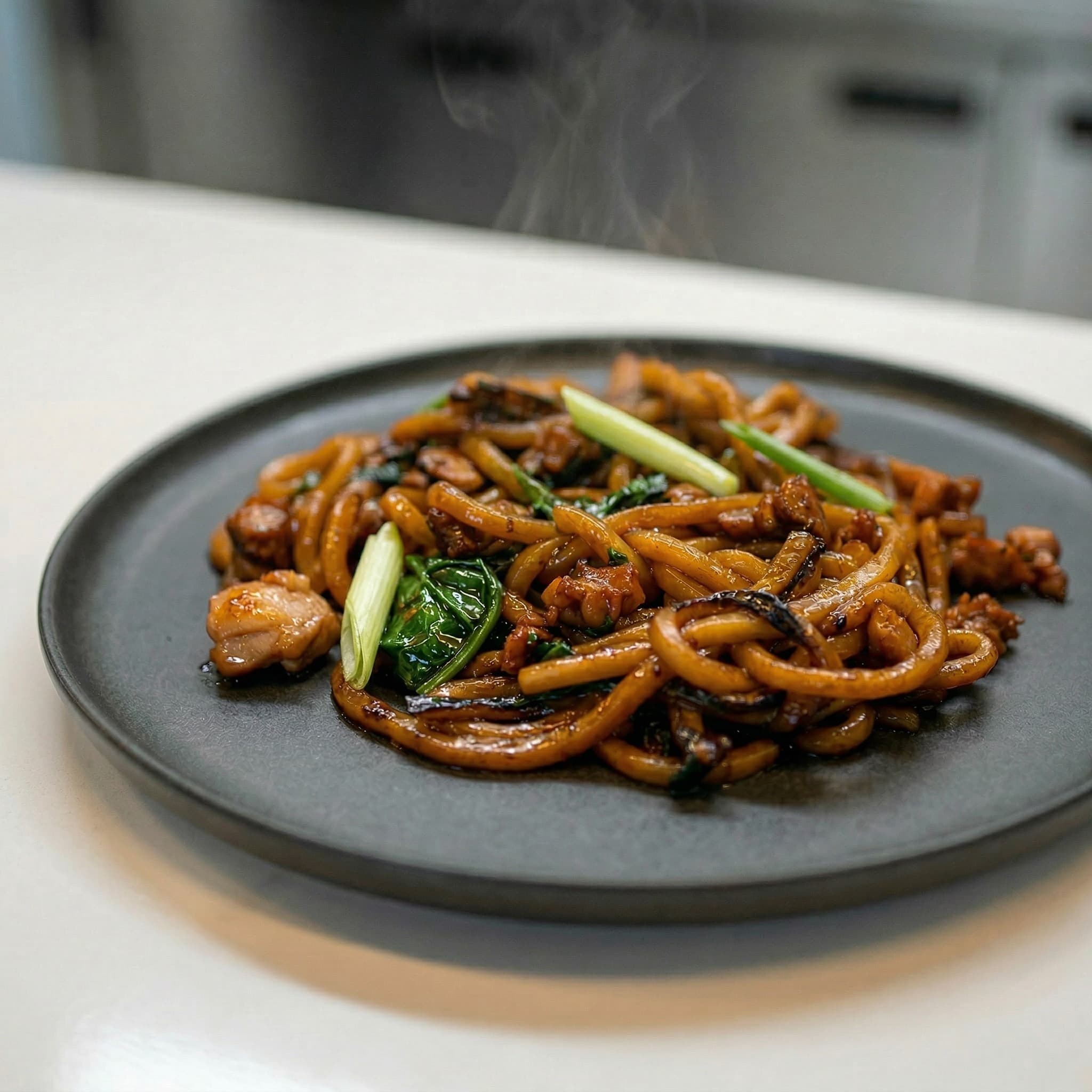 Stir-fried udon noodles with chicken and greens