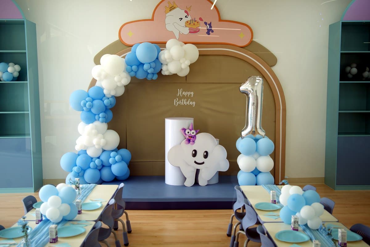 Kumo Classic · Blue & White birthday party room at Kumo's Wanderland