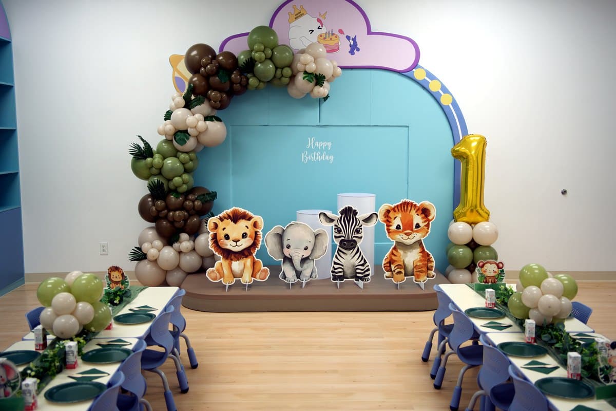 Wild Safari party room, styled and ready