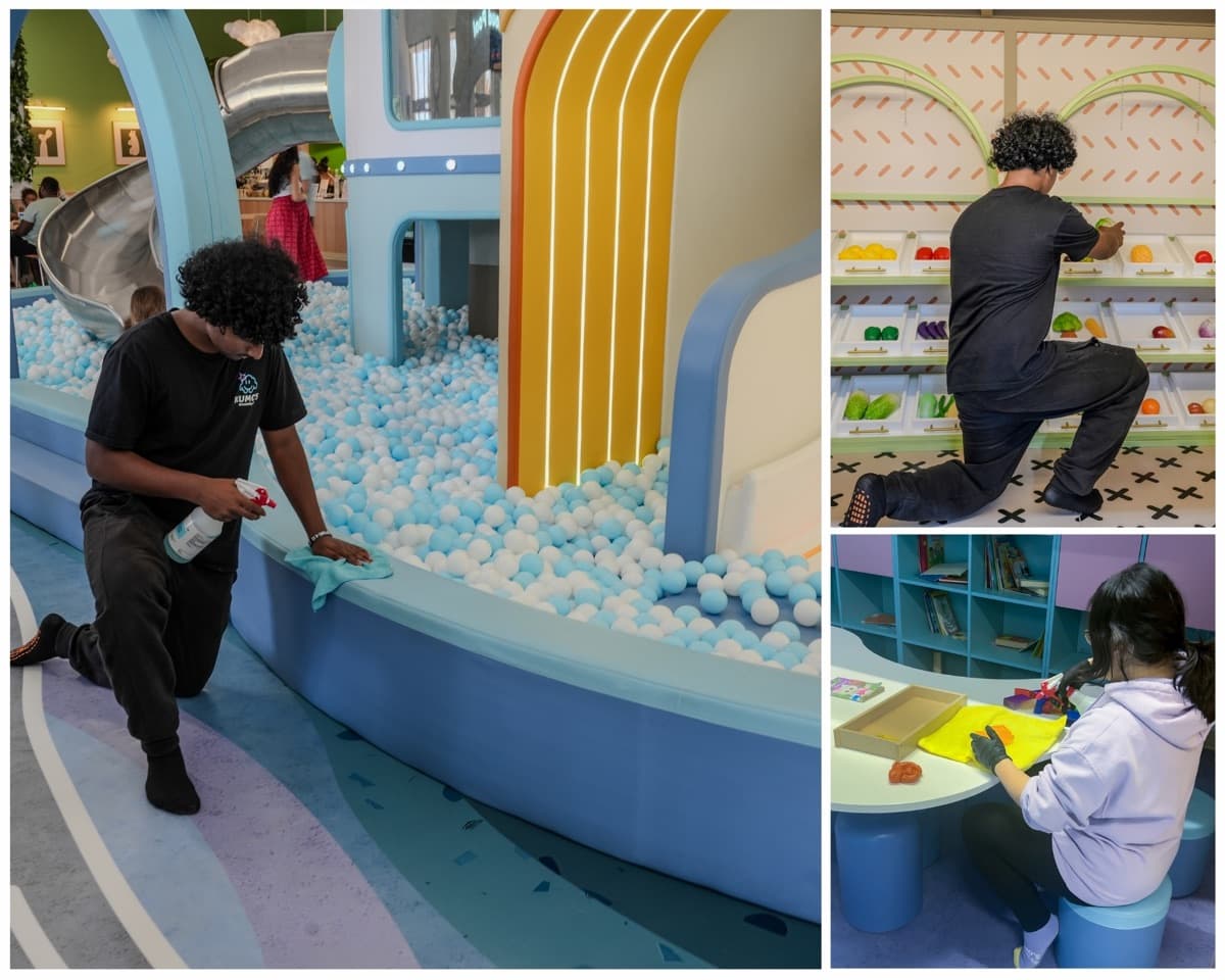 Kumo's team cleaning the ball pit, restocking the play market, and sanitizing the reading area mid-day
