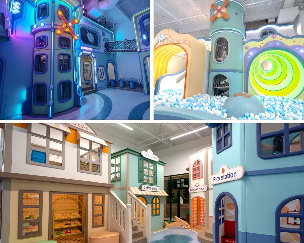 Three stages of Kumo's: the space-station expansion, the Sky Fort towers over the ball pit, and the WonderTown mini city