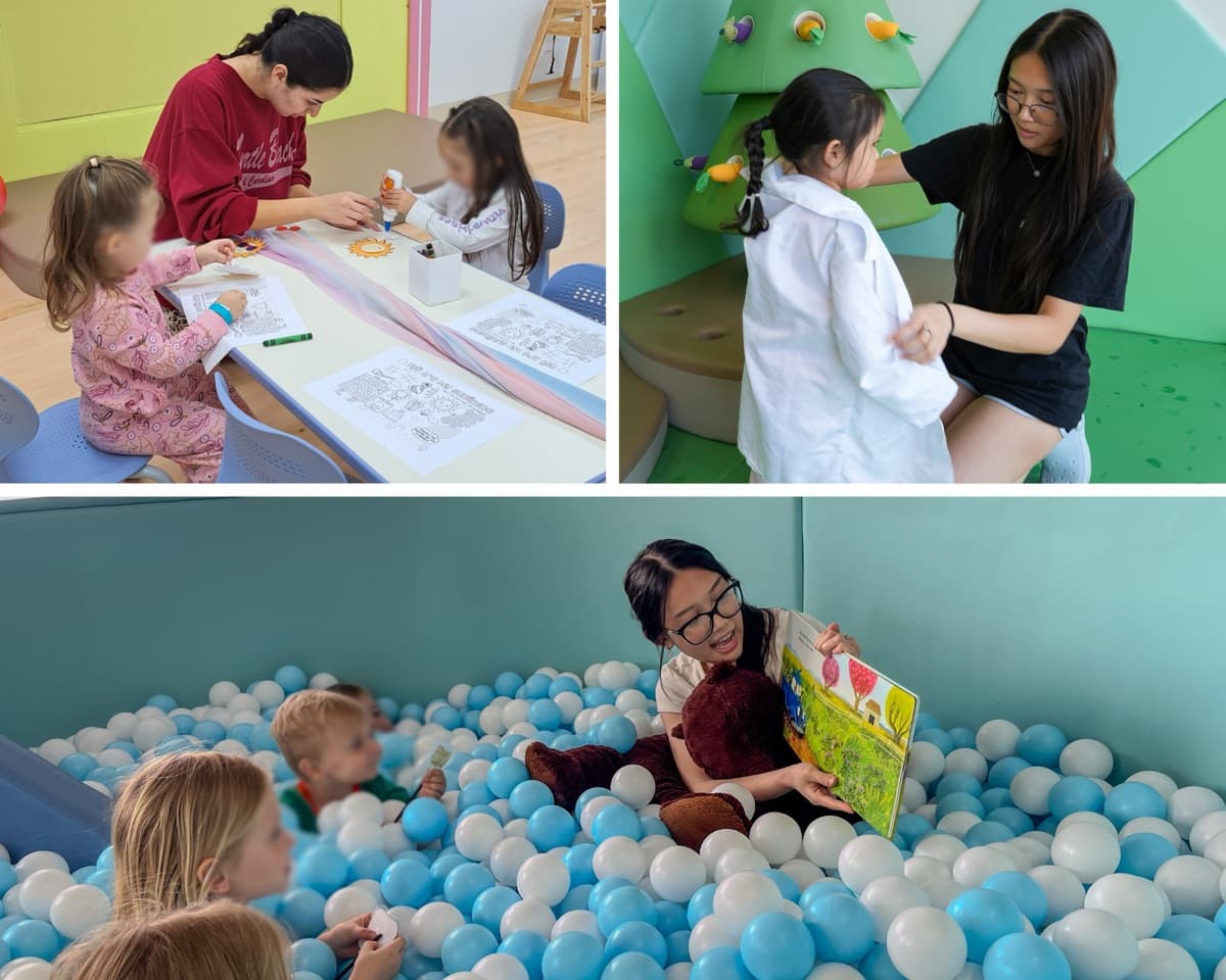Kumo's team members doing crafts, dress-up, and storytime with kids