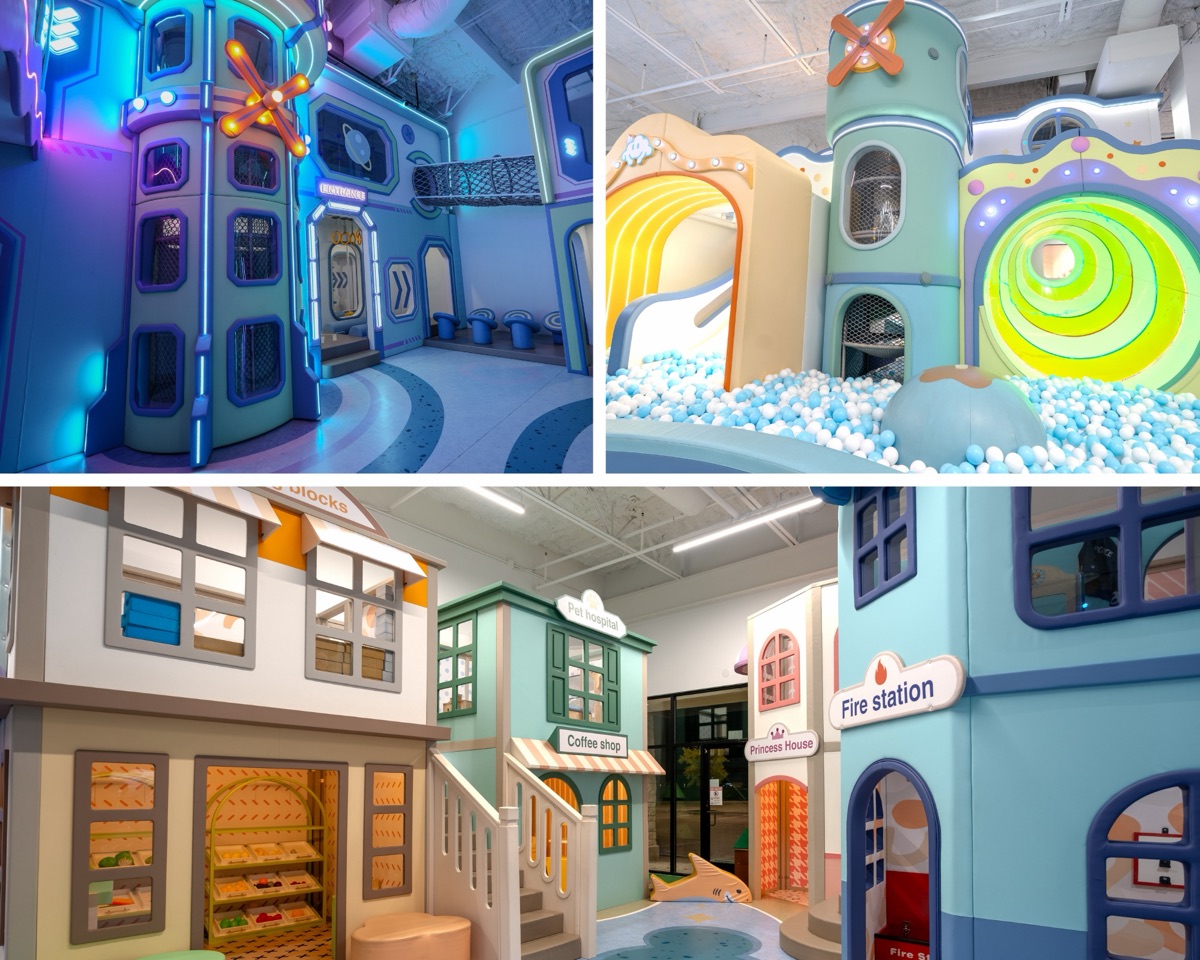 Three stages of Kumo's: the space-station expansion, the Sky Fort towers over the ball pit, and the WonderTown mini city